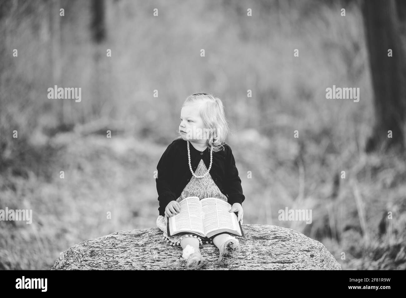 Un colpo della scala dei grigi di una ragazza bionda piccola seduta sopra  una roccia e tenendo un libro Foto stock - Alamy