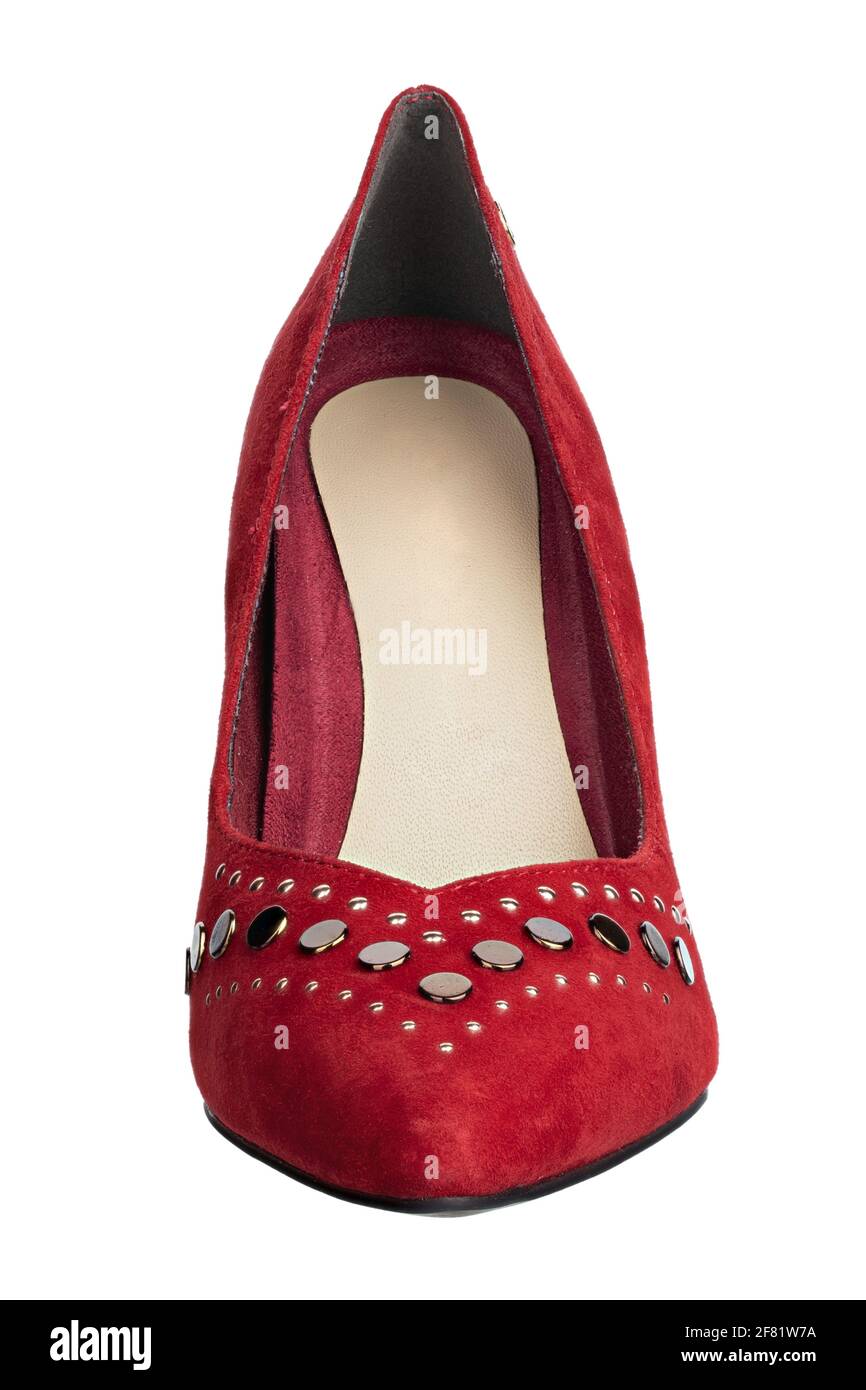 Sexy scarpe rosse in pelle scamosciata con tacco isolato su sfondo bianco.  File contiene il percorso di ritaglio. Calzature eleganti Foto stock - Alamy