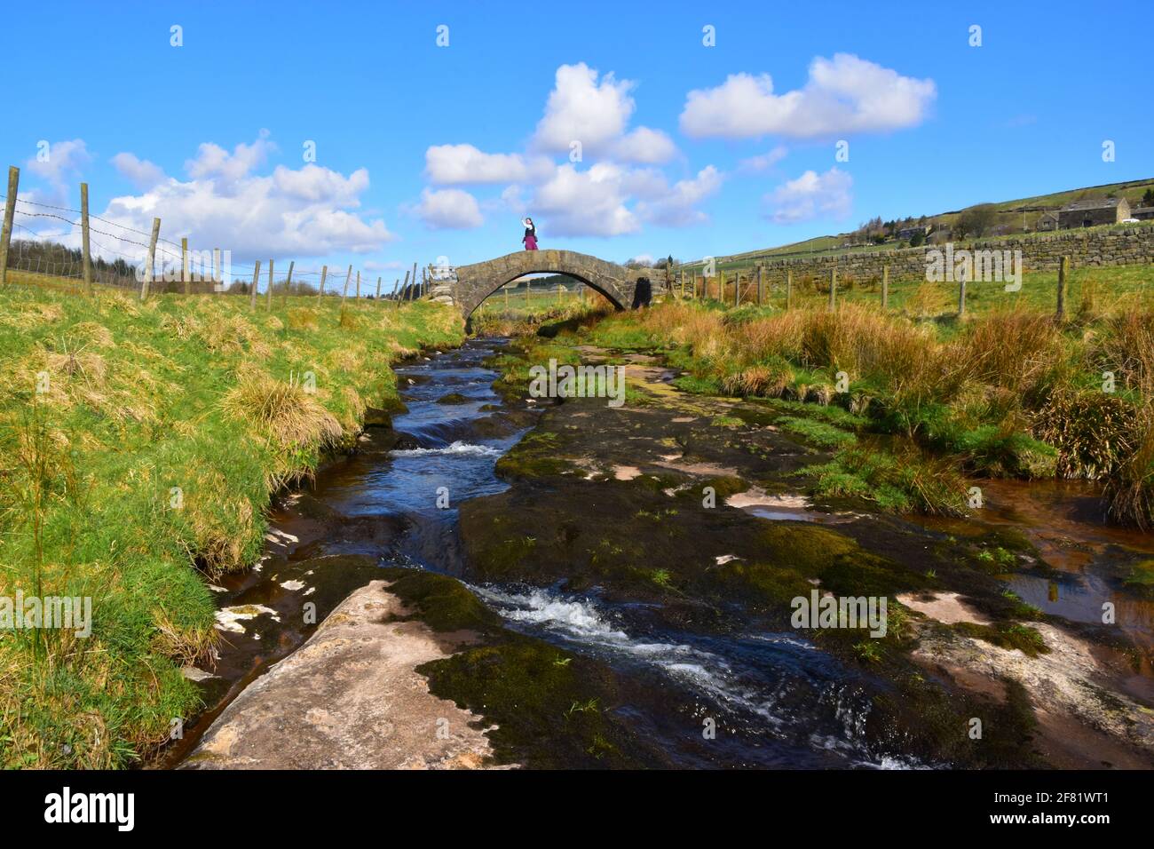 Strines Bridge, Packhorse Bridge, Jack Bridge, Colden Water, Pennines, Yorkshire occidentale Foto Stock