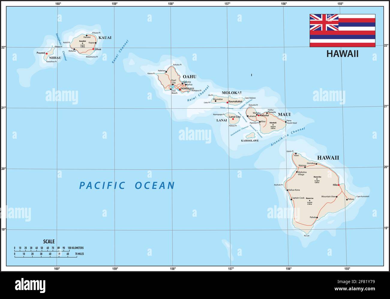 Mappa vettoriale dello stato americano delle Hawaii con bandiera. jpg Illustrazione Vettoriale