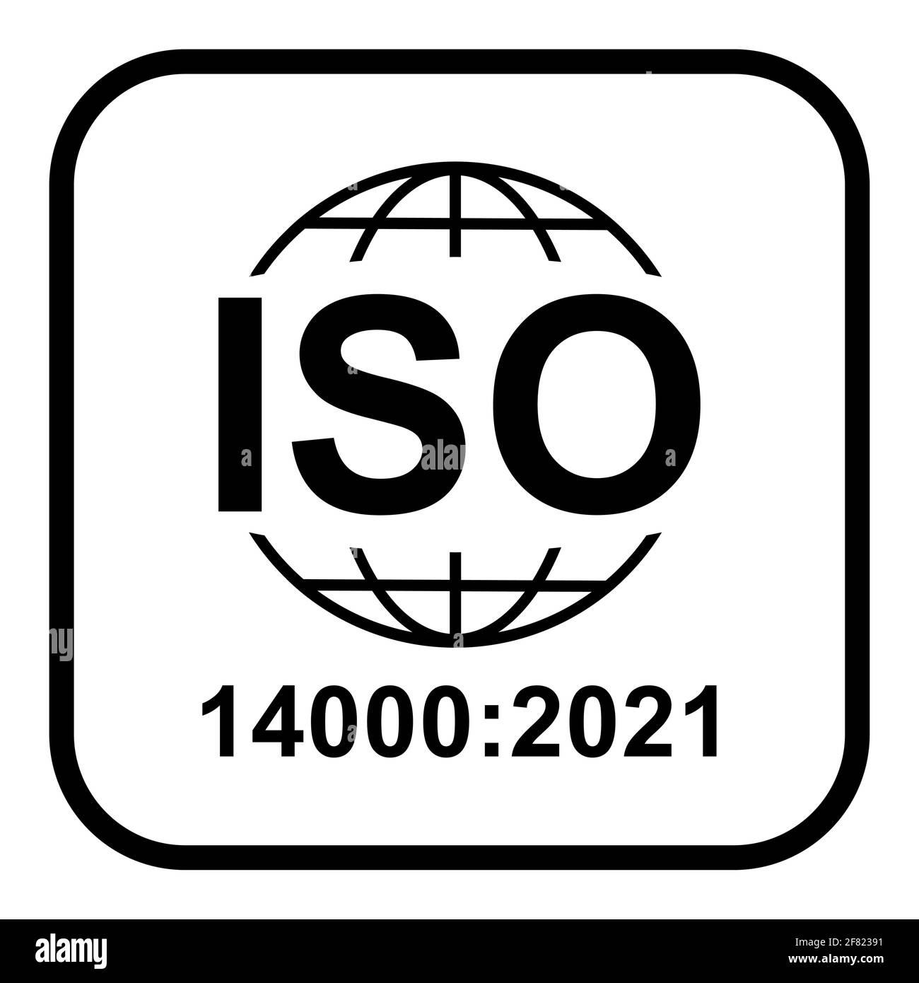 Icona ISO 14000:2021. Gestione ambientale. Simbolo di qualità standard. Segno del pulsante vettore isolato su sfondo bianco . Illustrazione Vettoriale