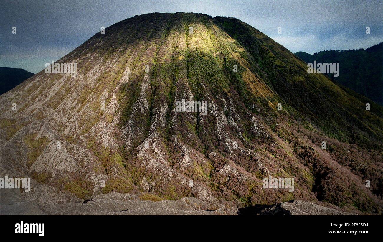 Monte Batok nel Bromo Tengger Semeru National Park, Giava Est, Indonesia. Visto dal Monte bromo. Foto Stock