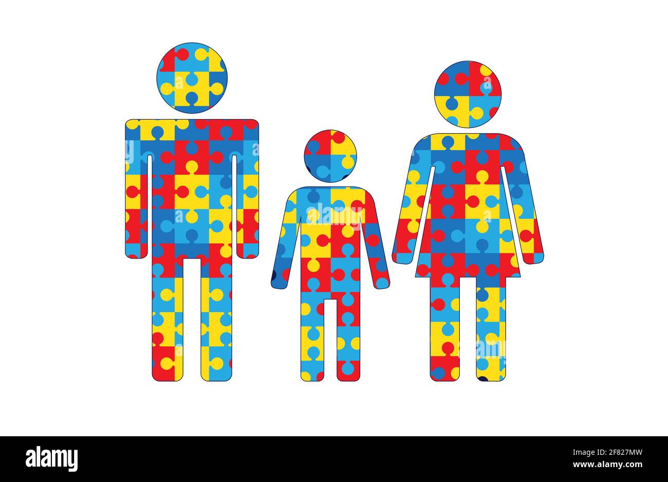 Famiglia, mamma, papà, bambino. Pezzi di puzzle. Sfondo bianco. Foto Stock