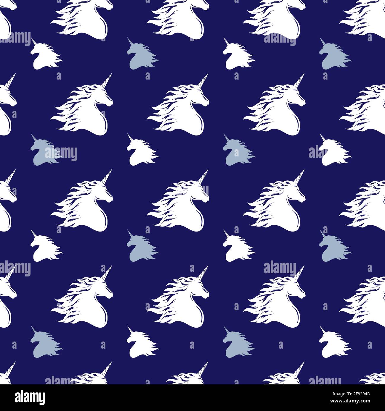 Modello unicorno profilo testa. Silhouette bianca su sfondo blu. Elemento per la creazione di design e decorazione. Illustrazione Vettoriale