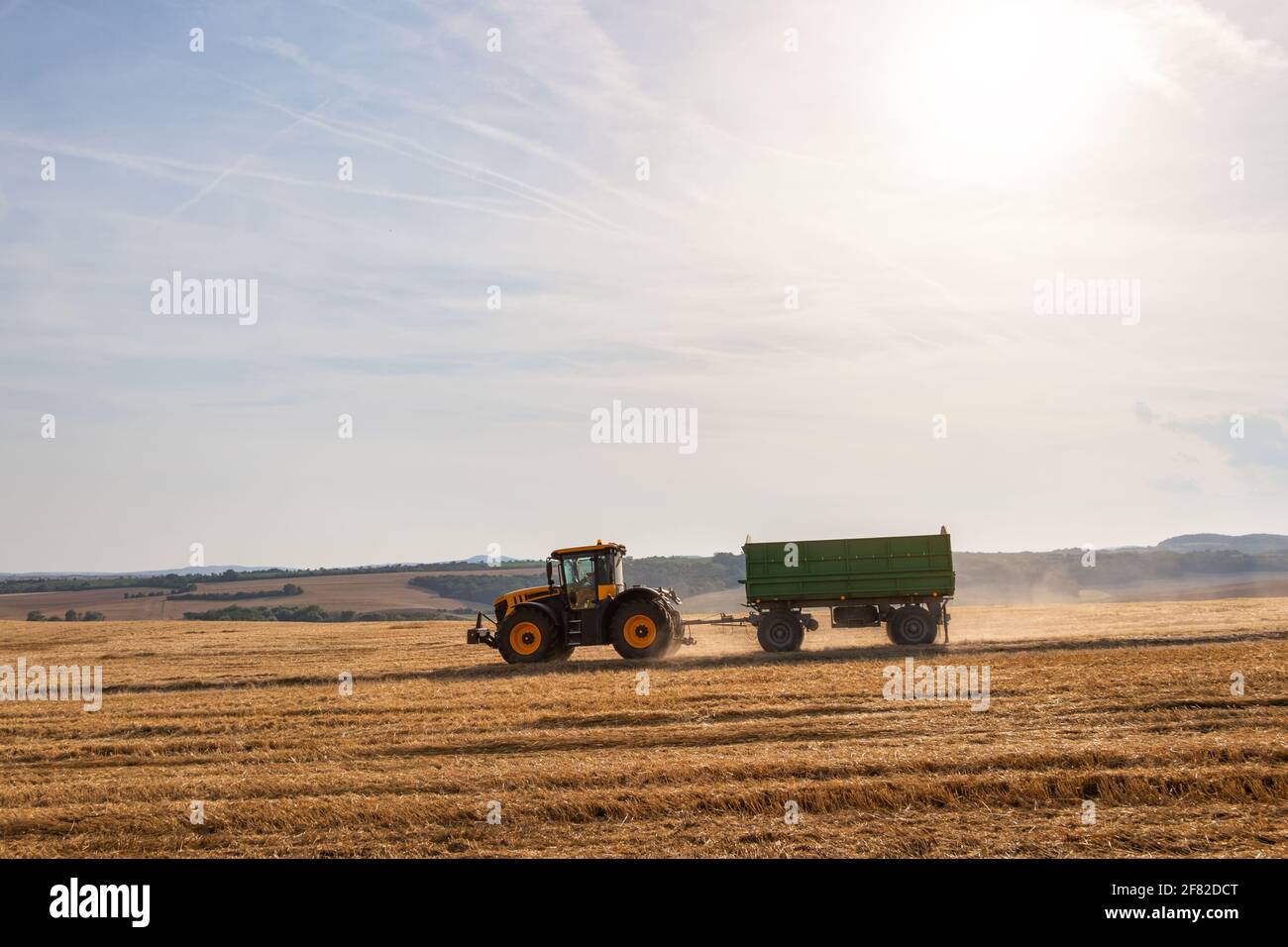 Trattore con rimorchio sulla stoppia sul campo. Macchine agricole durante la stagione di raccolta. Cielo luminoso con sole. Foto Stock