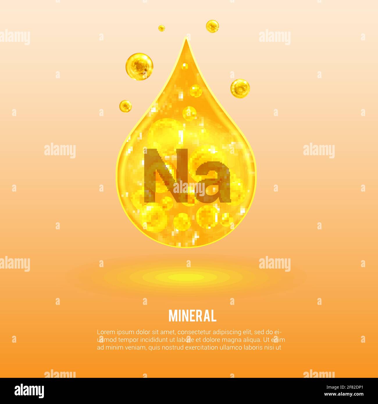 Na minerale Atrio. Sodio. Complesso di vitamina minerale. Palline dorate e dorate. Concetto di salute. Natrio NA. Illustrazione Vettoriale