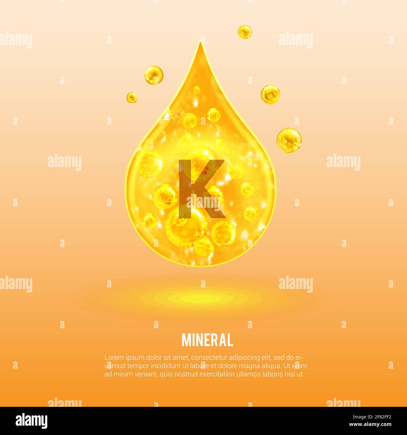 Minerale K. potassio. Kalium. Complesso di vitamina minerale. Palline dorate e dorate. Concetto di salute. K potassio. Illustrazione Vettoriale