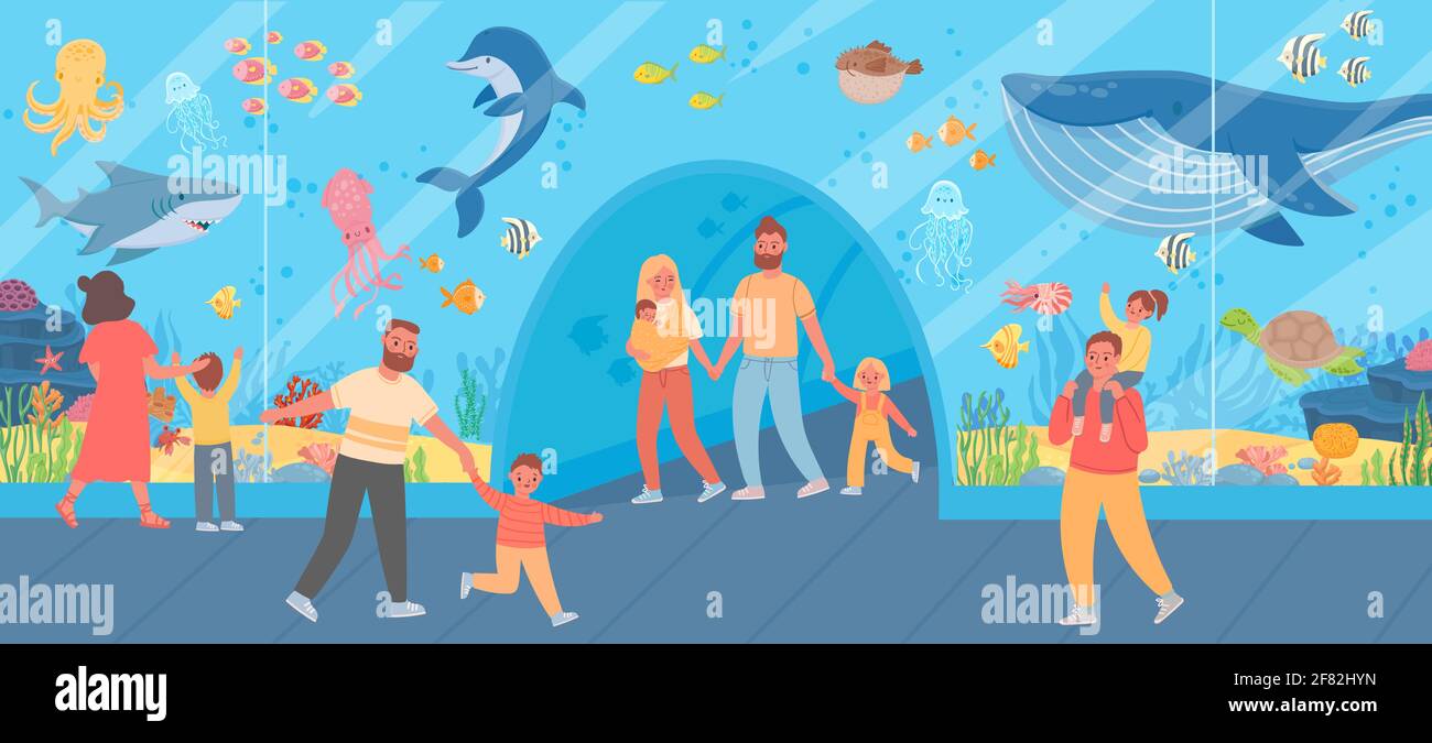 Famiglia in oceanarium. I genitori e i bambini guardano al grande acquario di vetro con pesci dell'oceano e animali di mare. Concetto vettoriale escursione zoo subacqueo Illustrazione Vettoriale