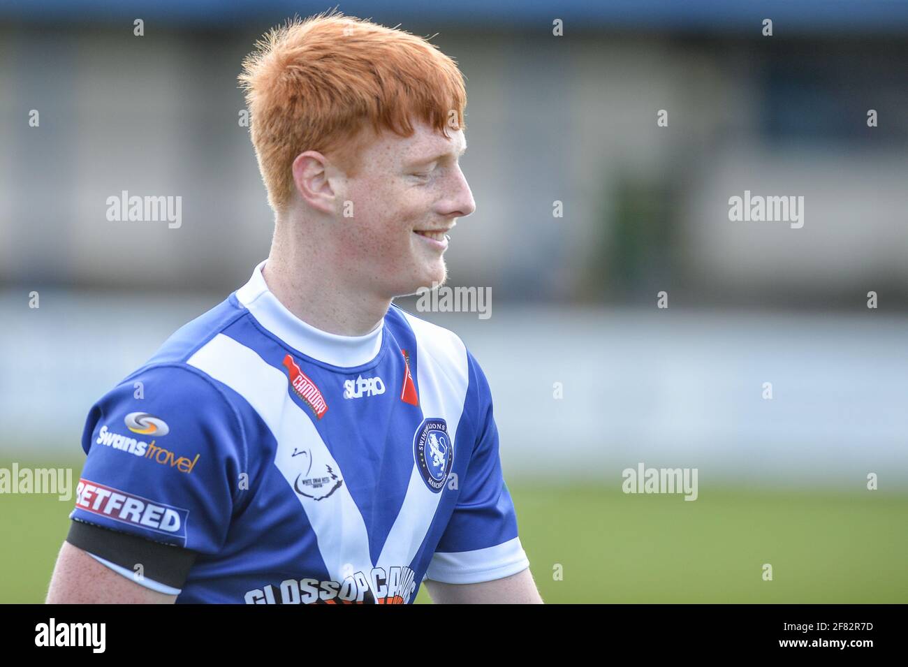 Vendita, Inghilterra - 11 aprile 2021 - prova il marcatore Luis Roberts di Swinton Lions a mostrare la sua gioia durante il Rugby League Betfred Challenge Cup Round 3 Swinton Lions vs Warrington Wolves allo stadio Heywood Road, sale, UK Dean Williams/Alamy Live News Foto Stock