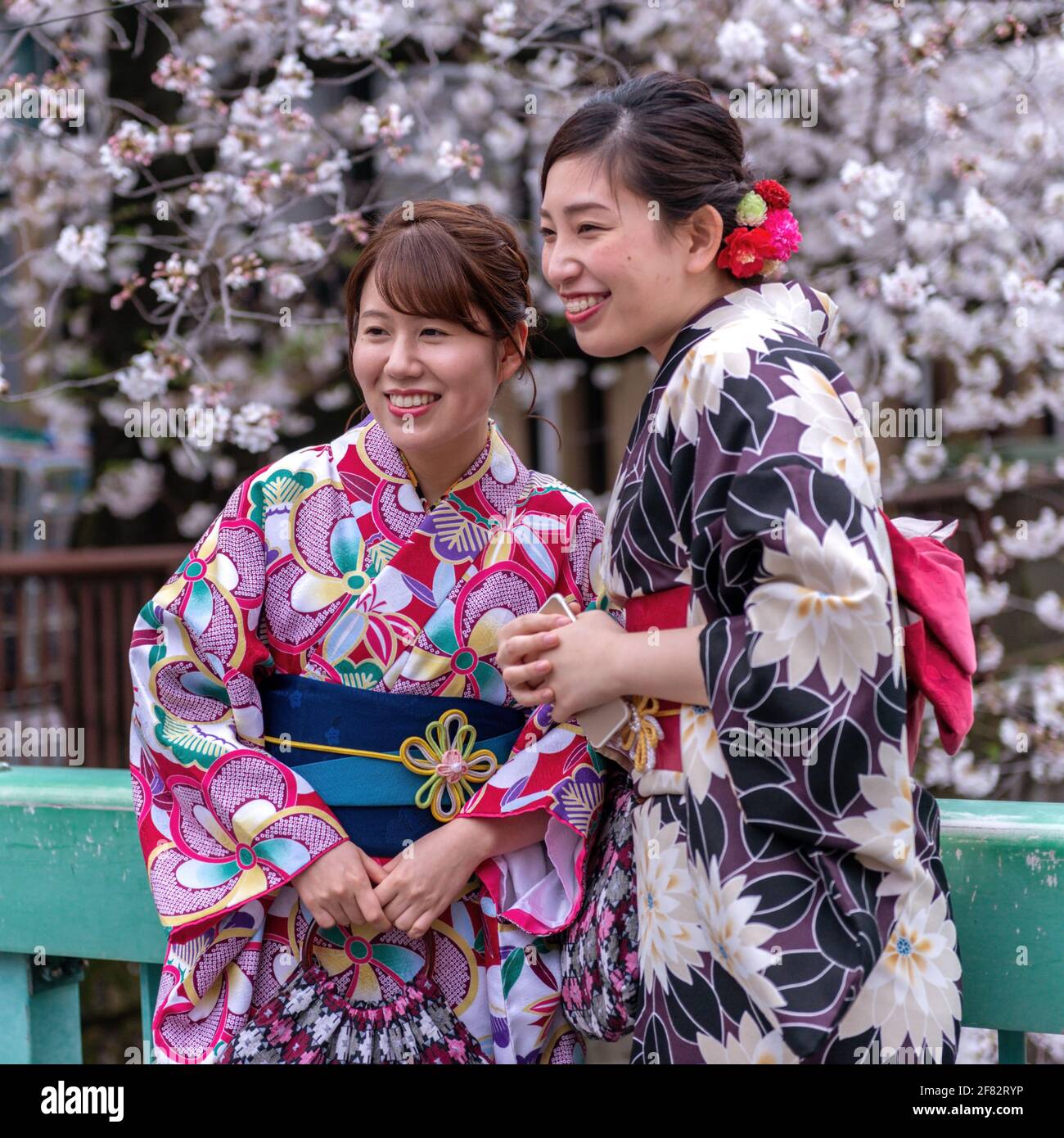 Tokyo, Giappone, 27 marzo 2020: Le donne asiatiche che indossano i vestiti tradizionali giapponesi kimono. Fioritura dei ciliegi. Durante la covid 19 pandemia Foto Stock