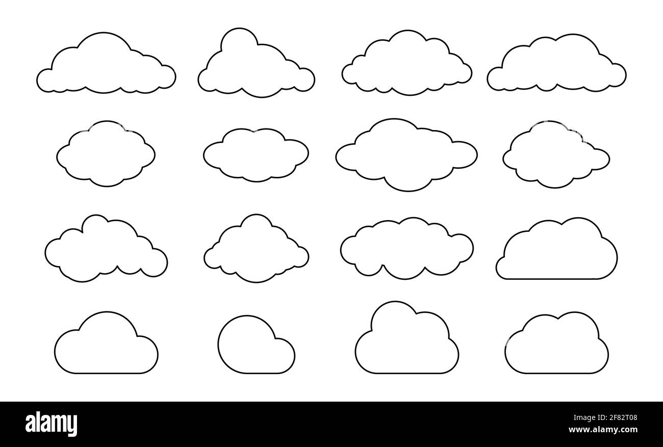 Delineare le nuvole. Insieme di forme nuvolate di linea. Pittogramma vettoriale a cielo nero. Icona del database a linea sottile Illustrazione Vettoriale