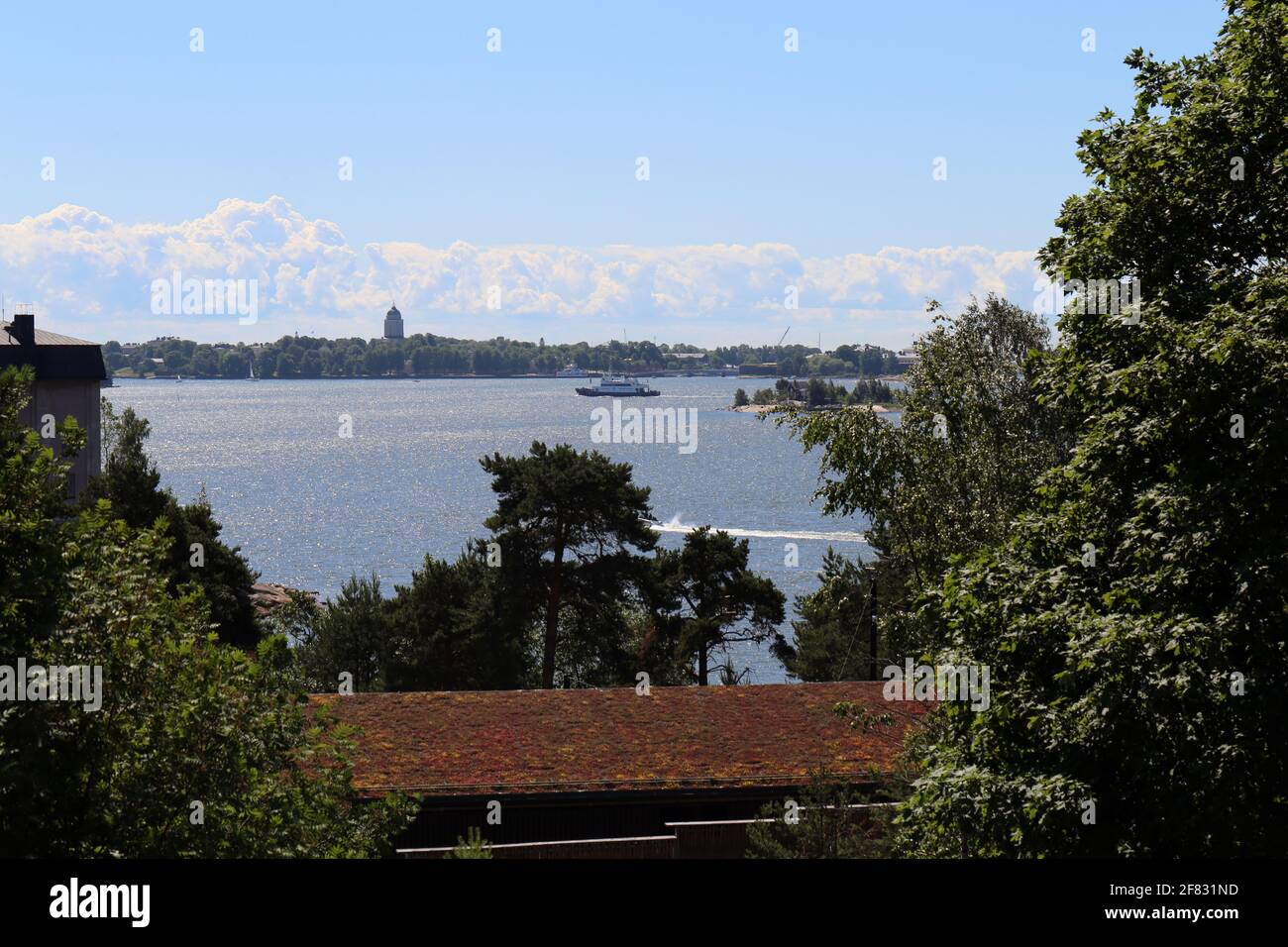 Una vista dall'isola dello zoo di Korkeasaari verso il centro di Helsinki, giugno 2019. Giorno estivo soleggiato. È possibile vedere la foresta, le barche e gli edifici della capitale. Foto Stock