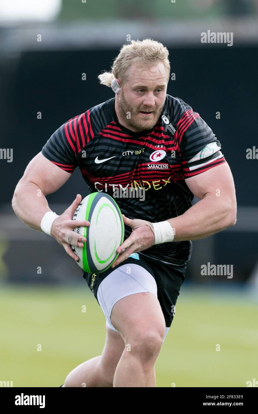 LONDRA, REGNO UNITO. 11 APRILE: Vincent Koch of Saracens in azione durante la partita del Greene King IPA Championship tra Saracens e Bedford Blues ad Allianz Park, Londra, domenica 11 aprile 2021. (Credit: Juan Gasparini | MI News) Credit: MI News & Sport /Alamy Live News Foto Stock