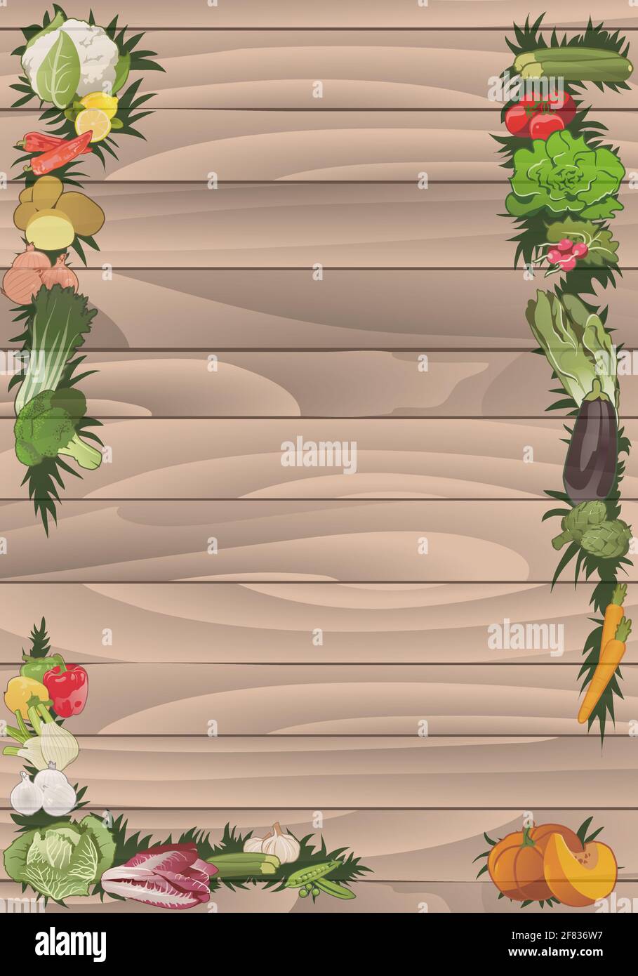Segno verticale composto da una tessitura di legno e da una cornice di verdure e foglie. Nessun testo Illustrazione Vettoriale