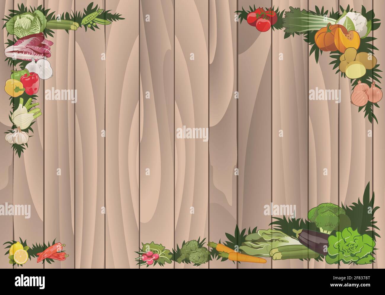 Segno orizzontale composto da una tessitura di legno e da una cornice di verdure e foglie. Nessun testo Illustrazione Vettoriale