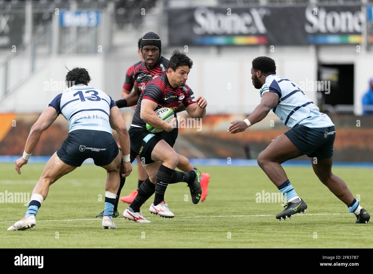 LONDRA, REGNO UNITO. 11 APRILE: Juan Pablo Socino di Saracens in azione durante la partita del Greene King IPA Championship tra Saracens e Bedford Blues ad Allianz Park, Londra, domenica 11 aprile 2021. (Credit: Juan Gasparini | MI News) Credit: MI News & Sport /Alamy Live News Foto Stock