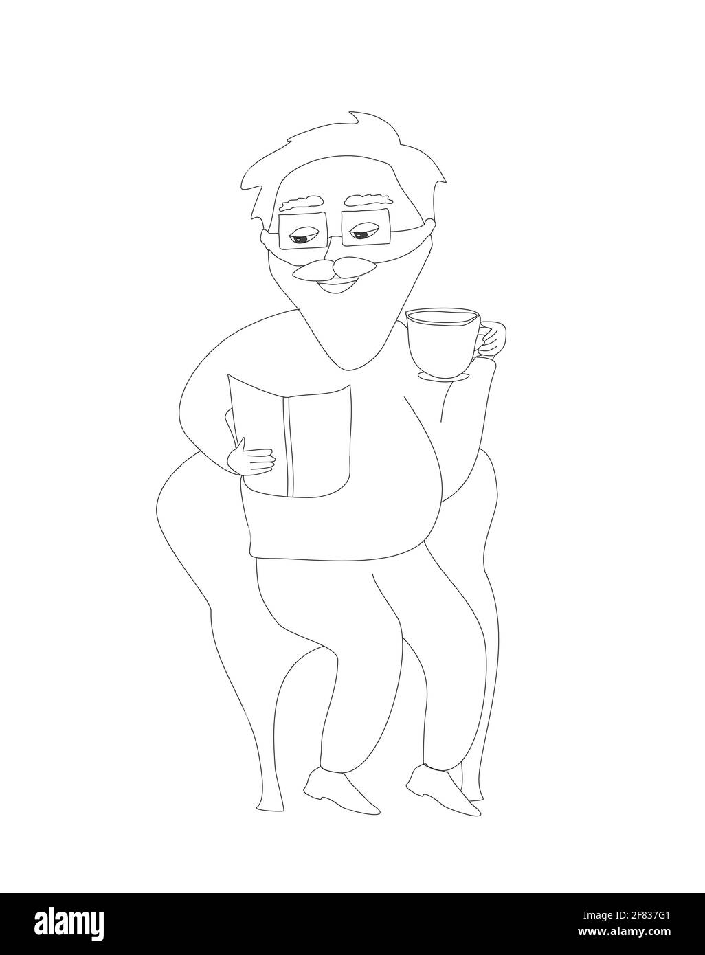 Il vecchio legge un libro e beve il caffè Illustrazione Vettoriale