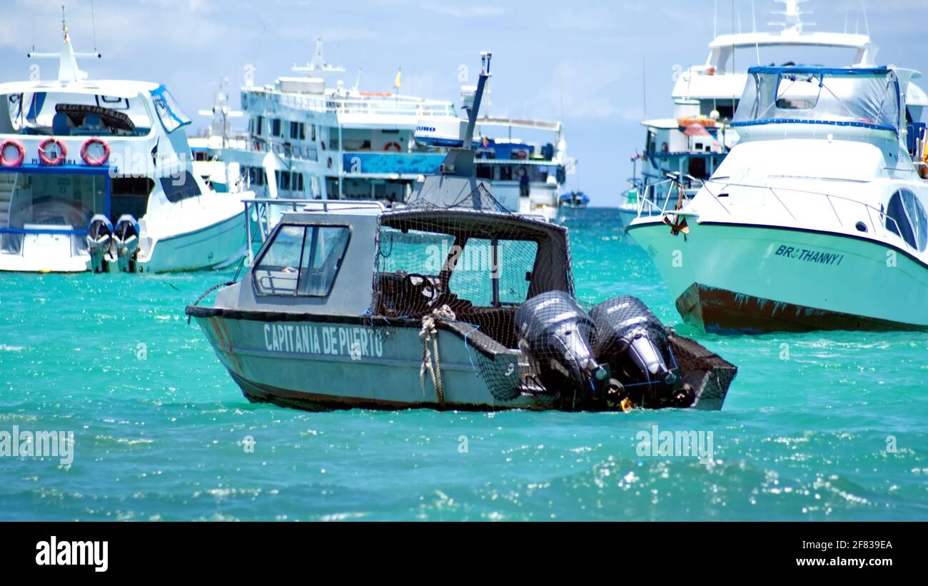 Barca del capitano del porto e barche private nel porto di Puerto Ayora, Isola di Santa Cruz, Galapagos, Ecuador Foto Stock