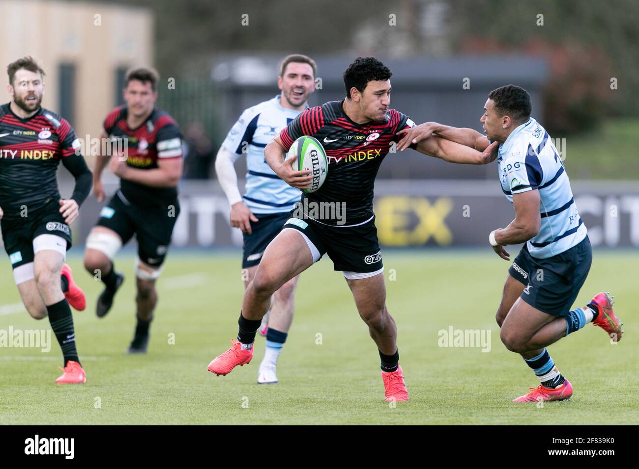 LONDRA, REGNO UNITO. 11 APRILE: Manu Vunipola di Saracens in azione durante il Greene King IPA Championship match tra Saracens e Bedford Blues ad Allianz Park, Londra, domenica 11 aprile 2021. (Credit: Juan Gasparini | MI News) Credit: MI News & Sport /Alamy Live News Foto Stock