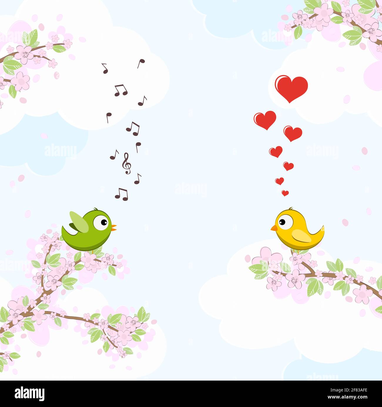 file vettoriale eps con canto di colore verde e giallo e uccelli sognanti in amore seduto su rami con fiori e foglie verdi in primavera, ba Illustrazione Vettoriale