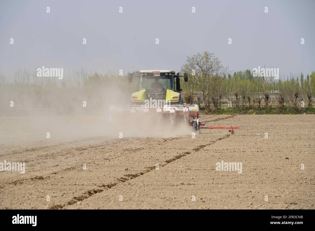 Fertana, Uzbekistan. 9 Apr 2021. Un tecnico che guida una seminatrice semina semi di cotone nella regione di Fertana, Uzbekistan, 9 aprile 2021. Credit: Zafar Khalilov/Xinhua/Alamy Live News Foto Stock