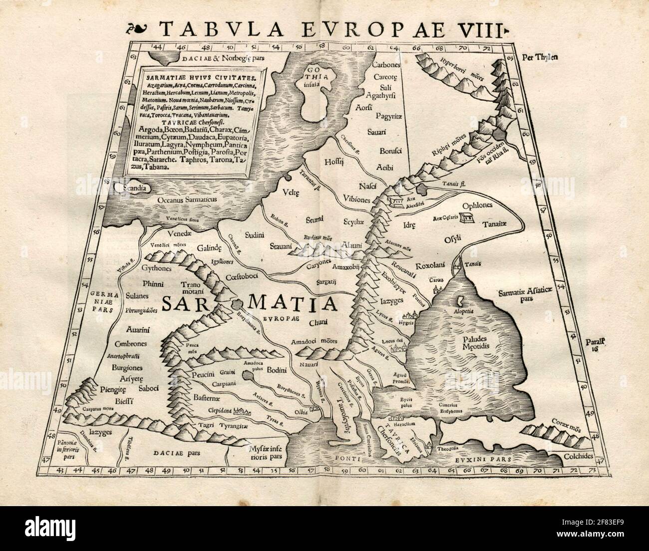 Bella carta d'epoca disegnata a mano illustrazione dell'Europa da Geographia Universalis, Vetus et Nova dal 1542. Ha mostrato mondo conosciuto fino a quel tempo. Foto Stock