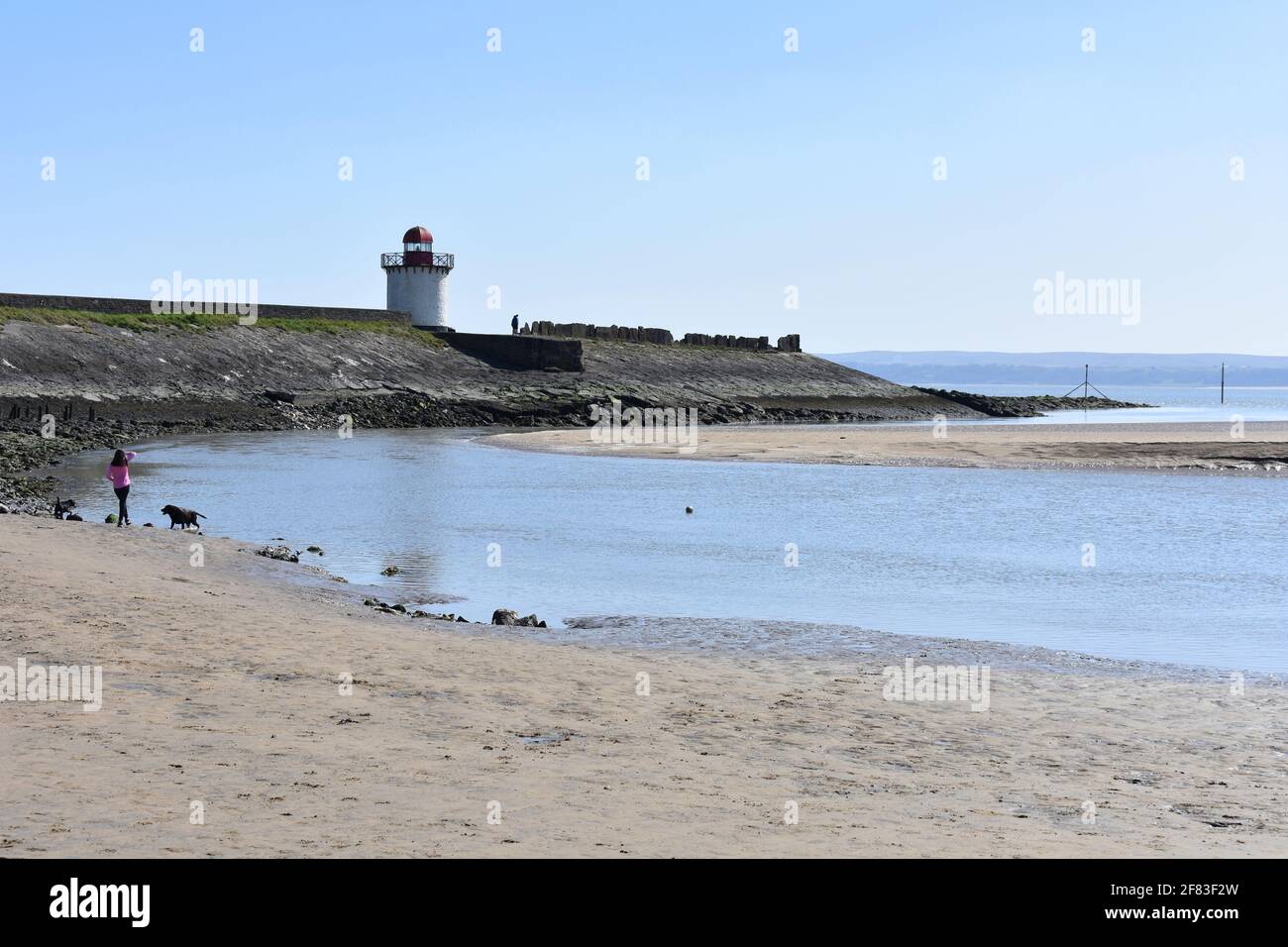 Donna e cani sulla spiaggia ovest di Burry Port, Burry Port, Carmarthensshire, Galles Foto Stock