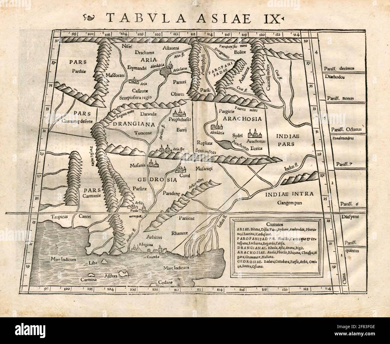 Bella vintage mano disegnata mappa illustrazione di Asia da Geographia Universalis, Vetus et Nova dal 1542. Ha mostrato mondo conosciuto fino a quel tempo. Foto Stock