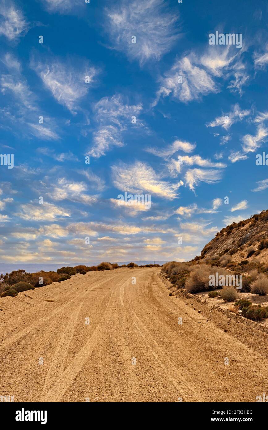 Nuvole bianche nei cieli blu sopra la solitaria strada sterrata del deserto che conduce verso l'orizzonte. Foto Stock