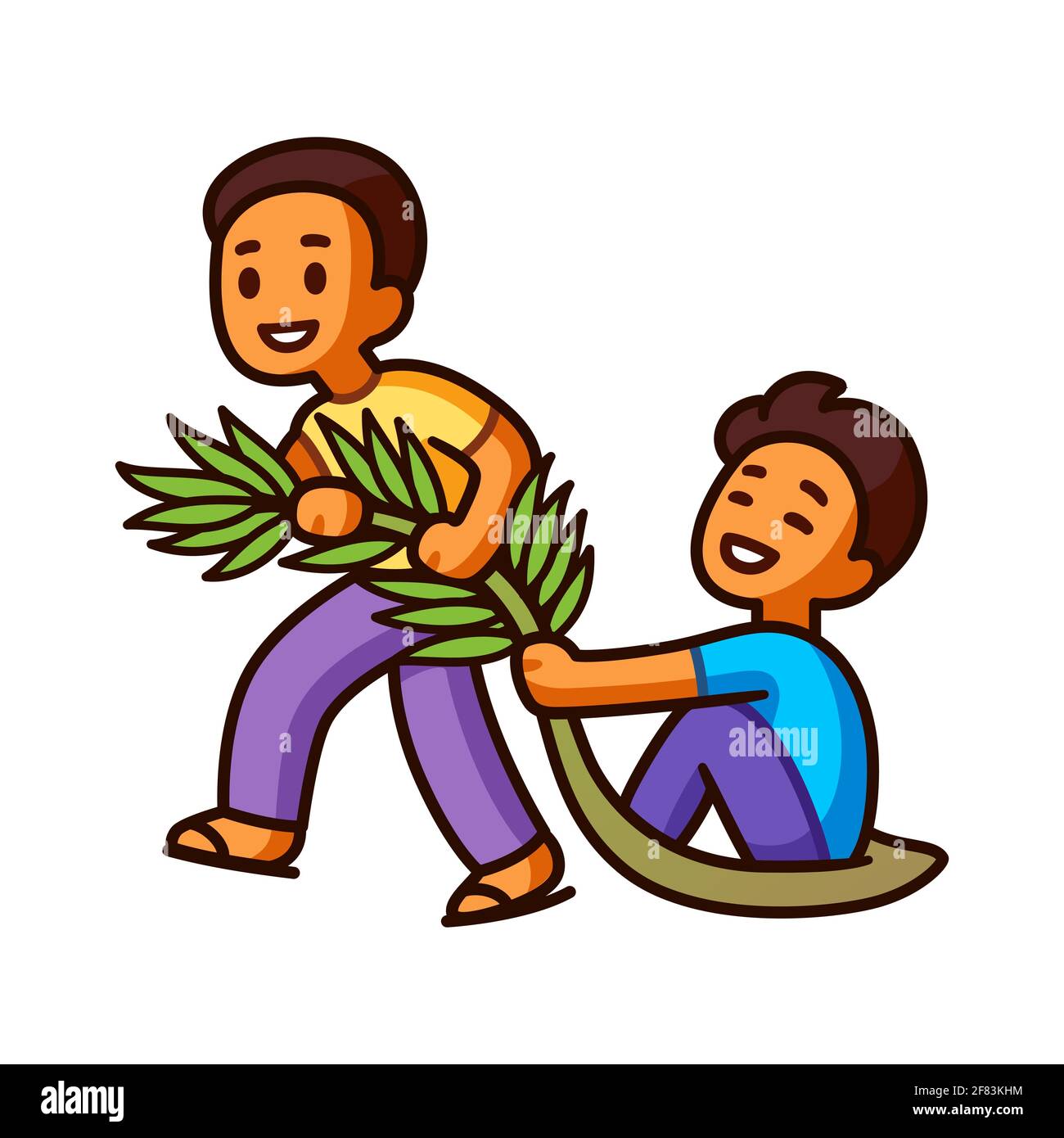 Tarik upih, tradizionale gioco malese di sledding fronte palme. Due simpatici ragazzi fumetti che si divertono. Immagine vettoriale clip art. Illustrazione Vettoriale