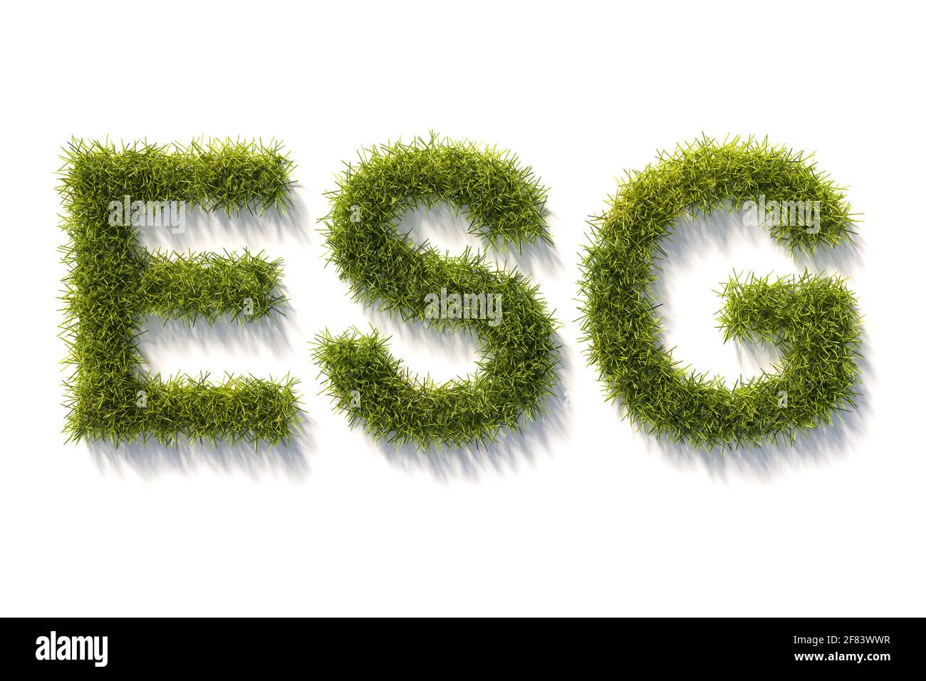 Verde erba lettere ESG isolato e bianco con ombre. Concetto per gli standard ESG (Environment Social Governance) nell'investimento. Foto Stock