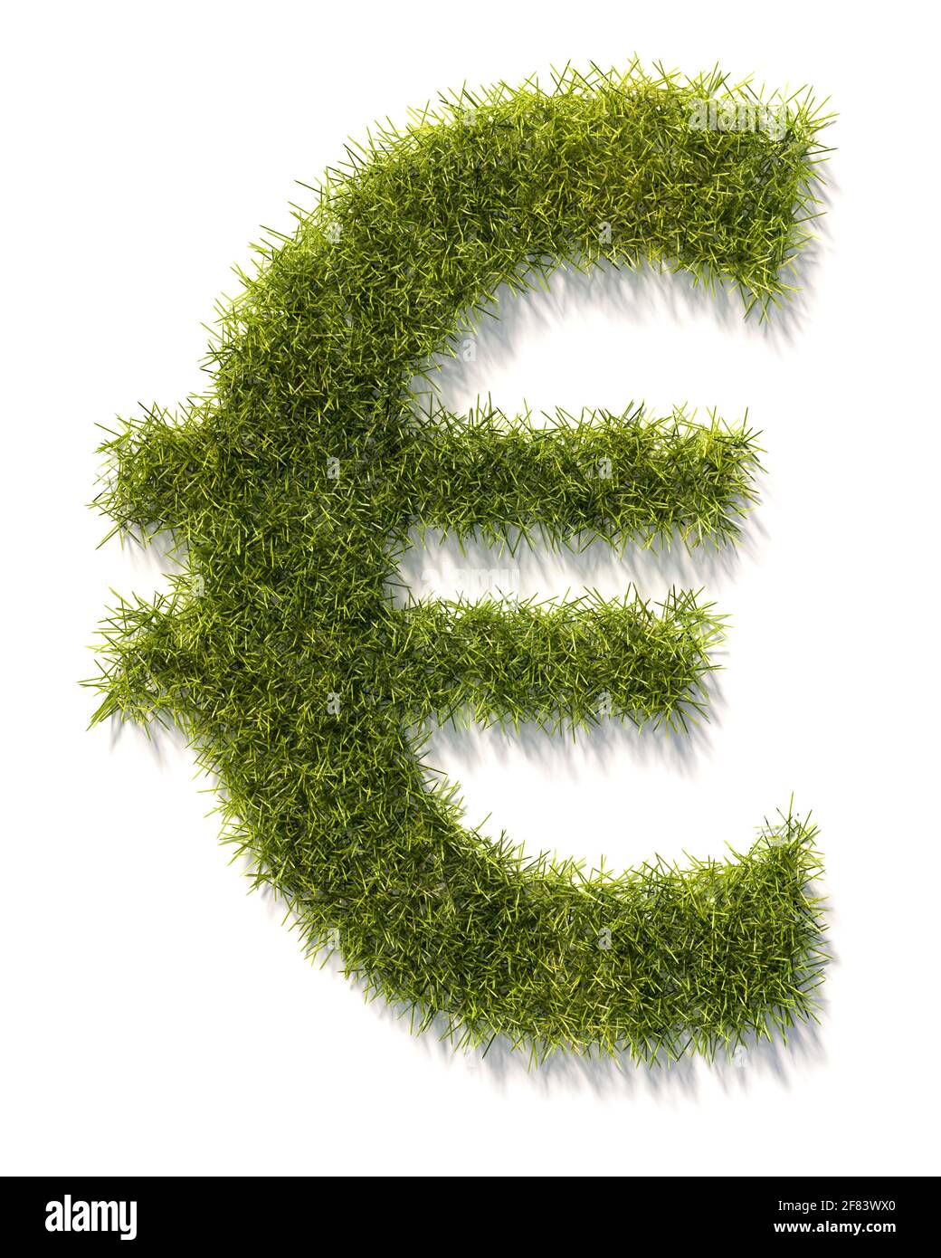 Verde erba Euro segno isolato su bianco con ombra. Concetto di responsabilità aziendale e norme ESG (governance sociale ambientale) in investi Foto Stock