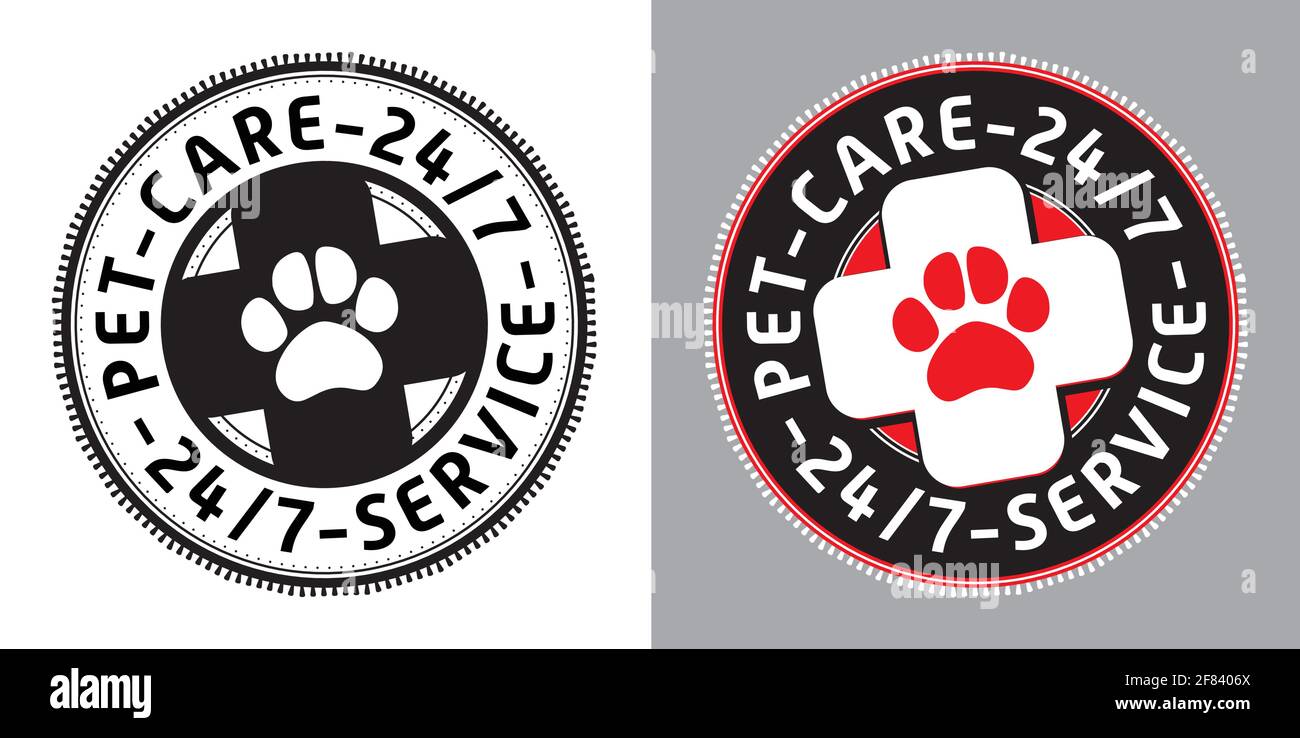Icona manutenzione PET 24-7. Semplice simbolo di servizio a tema animale rotondo o timbro con stampa incrociata e parata per l'assistenza sanitaria. Servizio animali 24 ore su 24. Illustrazione Vettoriale