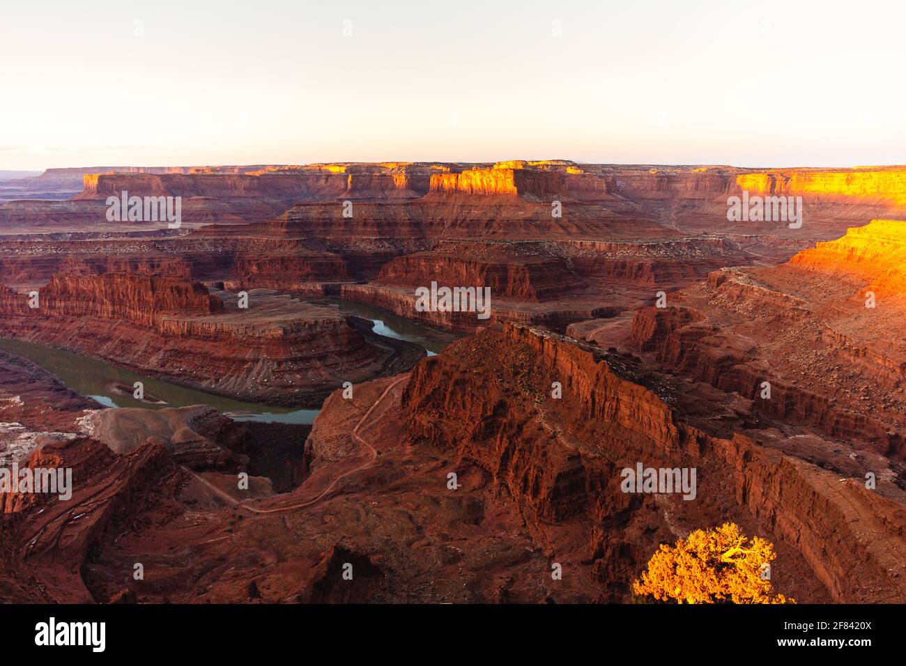 rocce rosse canyon in estate su un'alba con alto vista delle scogliere dall'alto con un fiume che gira in giù sotto Foto Stock