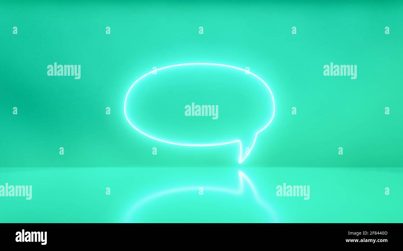 Icona al neon della chat sfondo verde chiaro, concetto di comunicazione. rendering 3d - illustrazione. Foto Stock