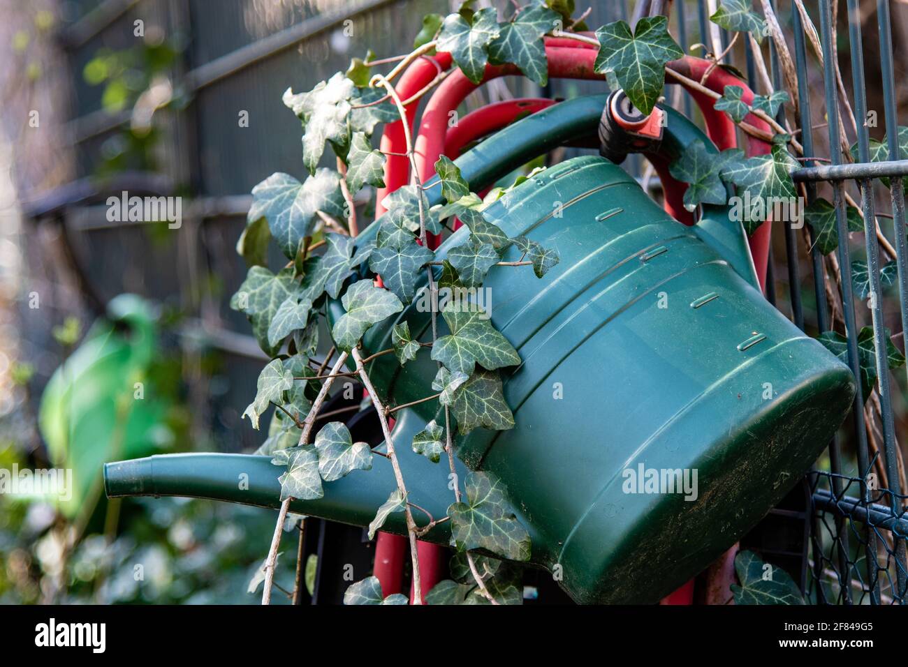 annaffiatura lattine nel loro posto di deposito ad un cimitero Foto Stock