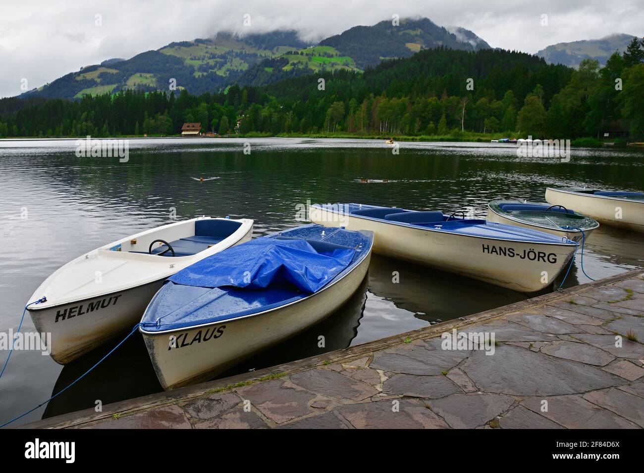 Paesaggio tranquillo sulla Schwarzsee - Lago Nero, lago di moor, Kitzbuhel ovest lungo la strada Brixental nel cuore delle Alpi Kitzbuhel, Tirolo, Austria Foto Stock