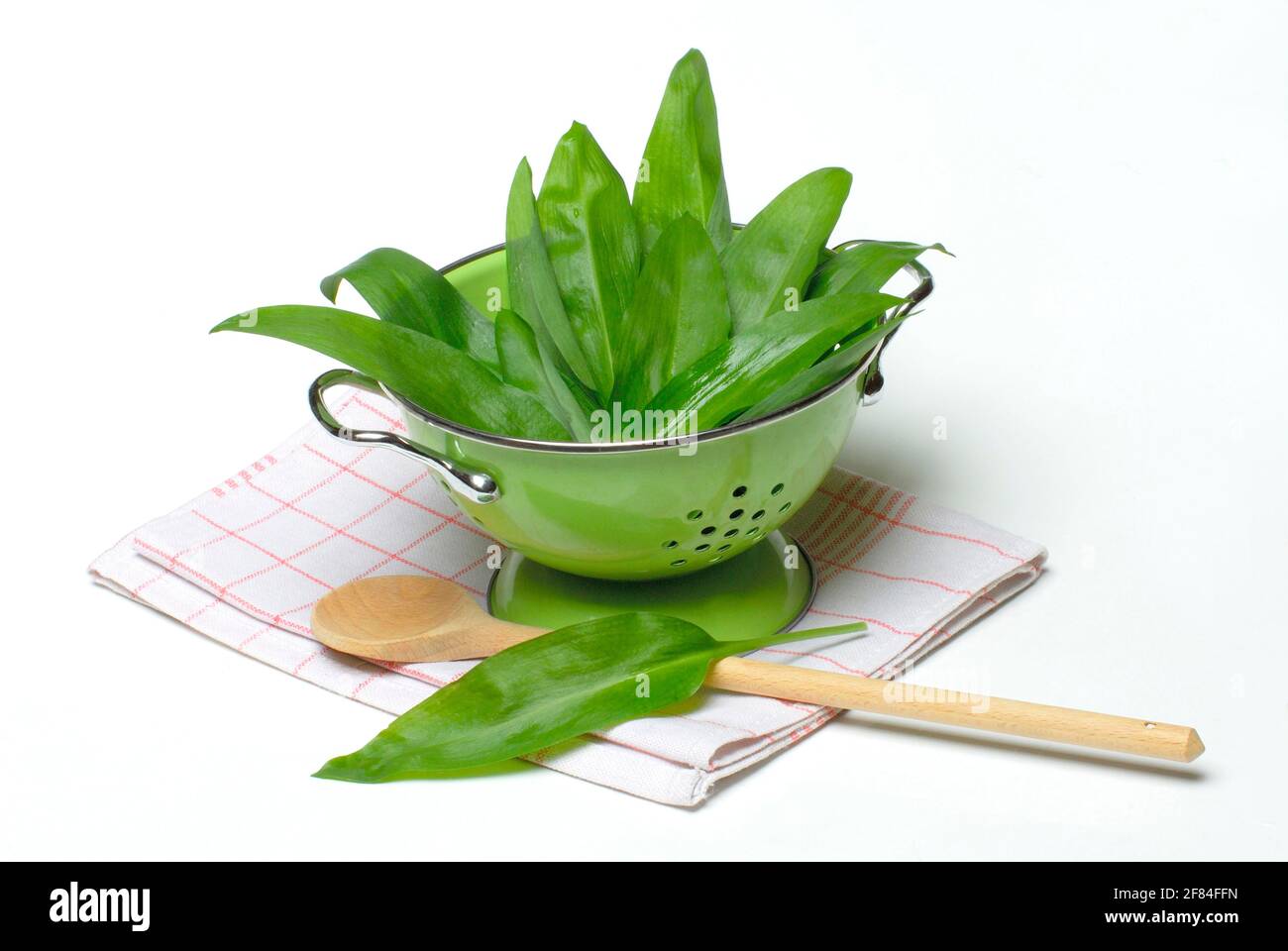 Foglie di Ramsons (Allium ursinum) in copia di carbonio, setaccio, cucchiaio di legno Foto Stock
