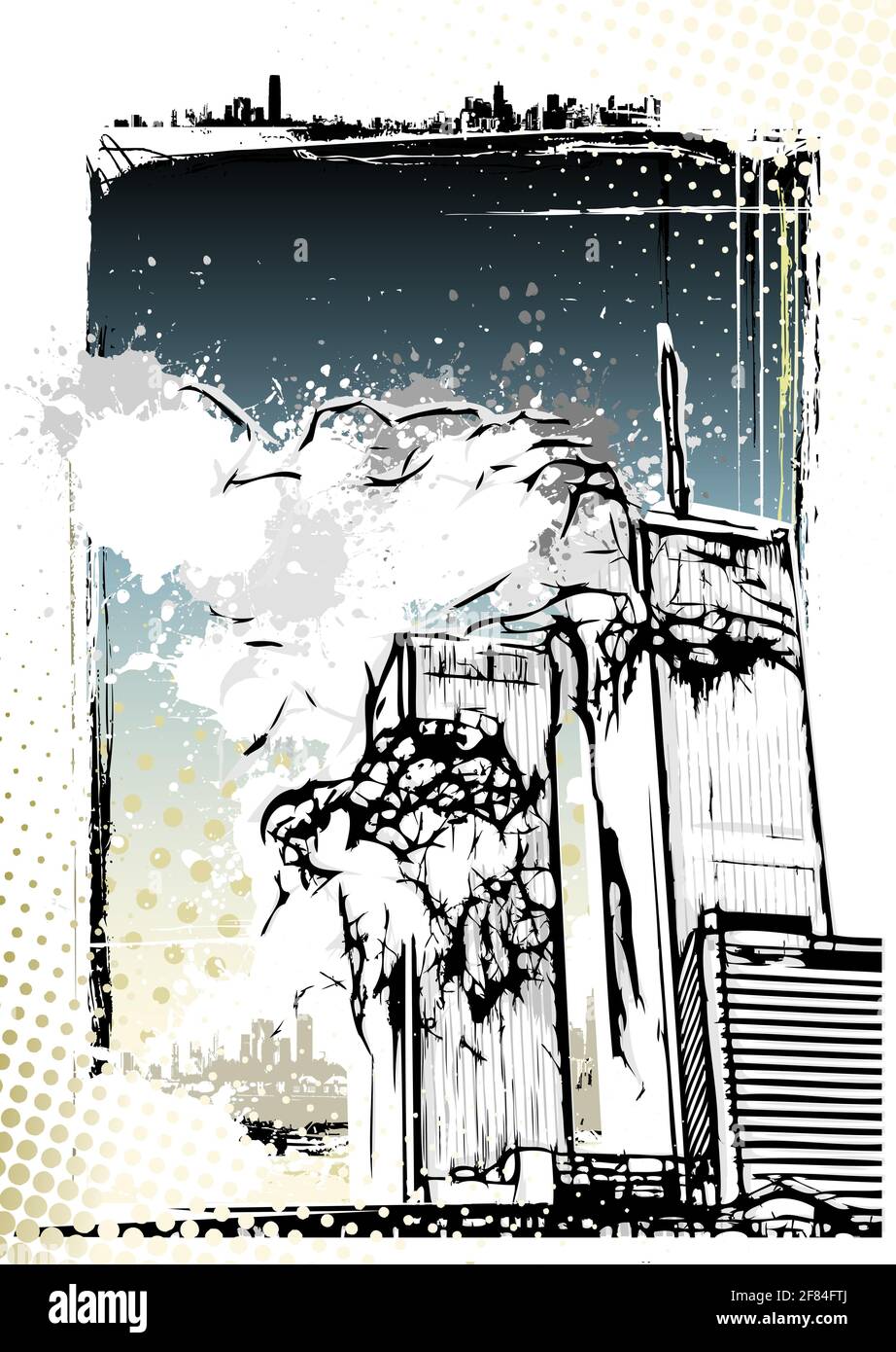 Illustrazione della distruzione del World Trade Center su un sfondo sgranato Illustrazione Vettoriale