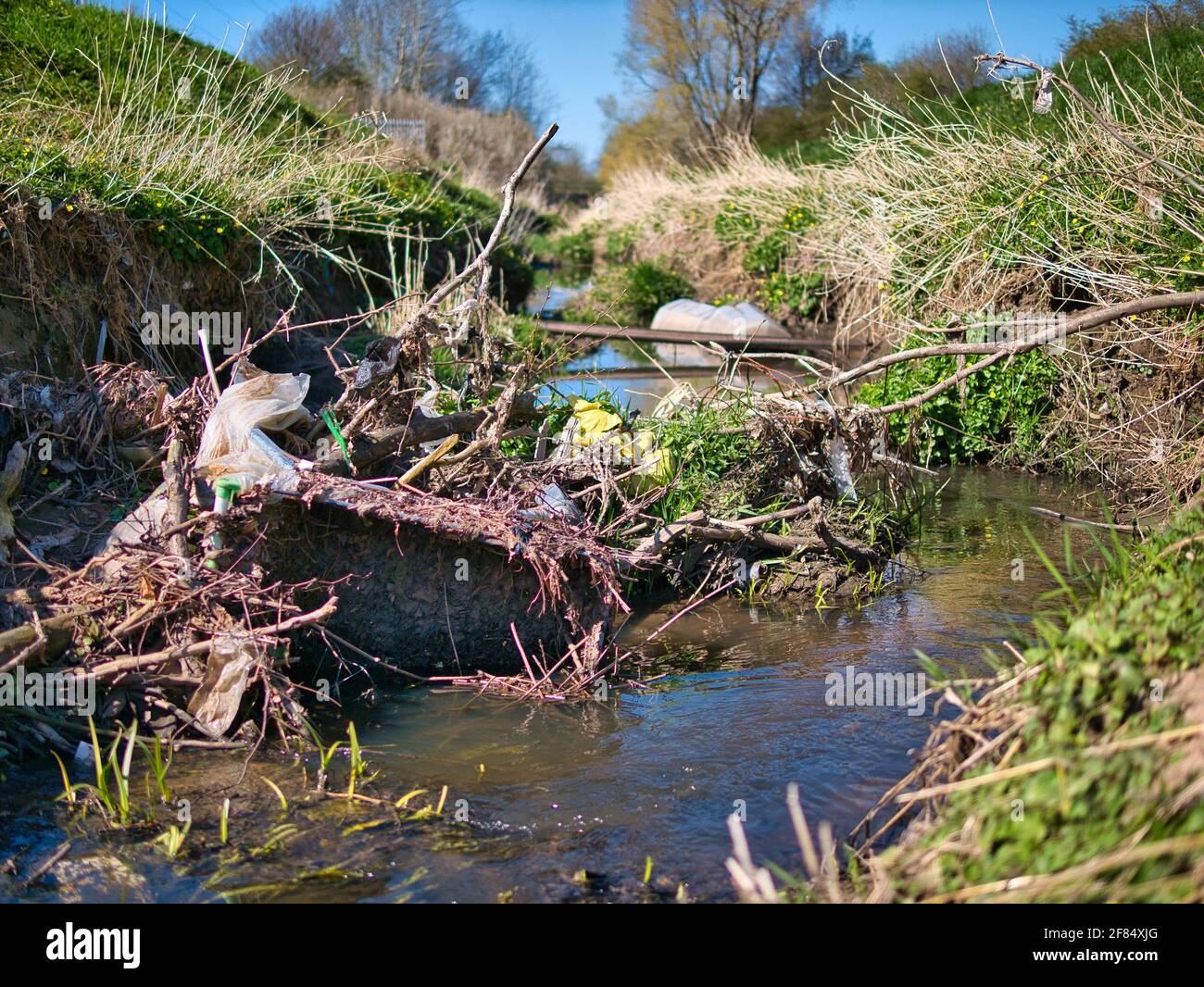 Un carrello supermercato senza marchio e rifiuti di plastica smaltiti in un corso d'acqua urbano. In una giornata di sole in primavera nel Regno Unito. Foto Stock