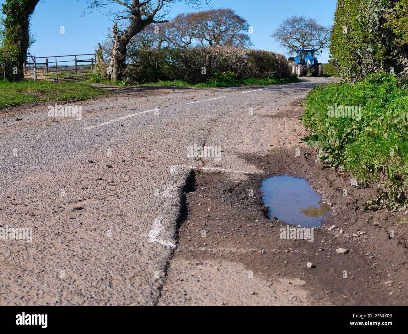Un trattore agricolo blu si avvicina ai danni alla superficie del asfalto su una strada rurale è contrassegnato per la riparazione con vernice spray bianca. Presa su Wirral nel Regno Unito Foto Stock