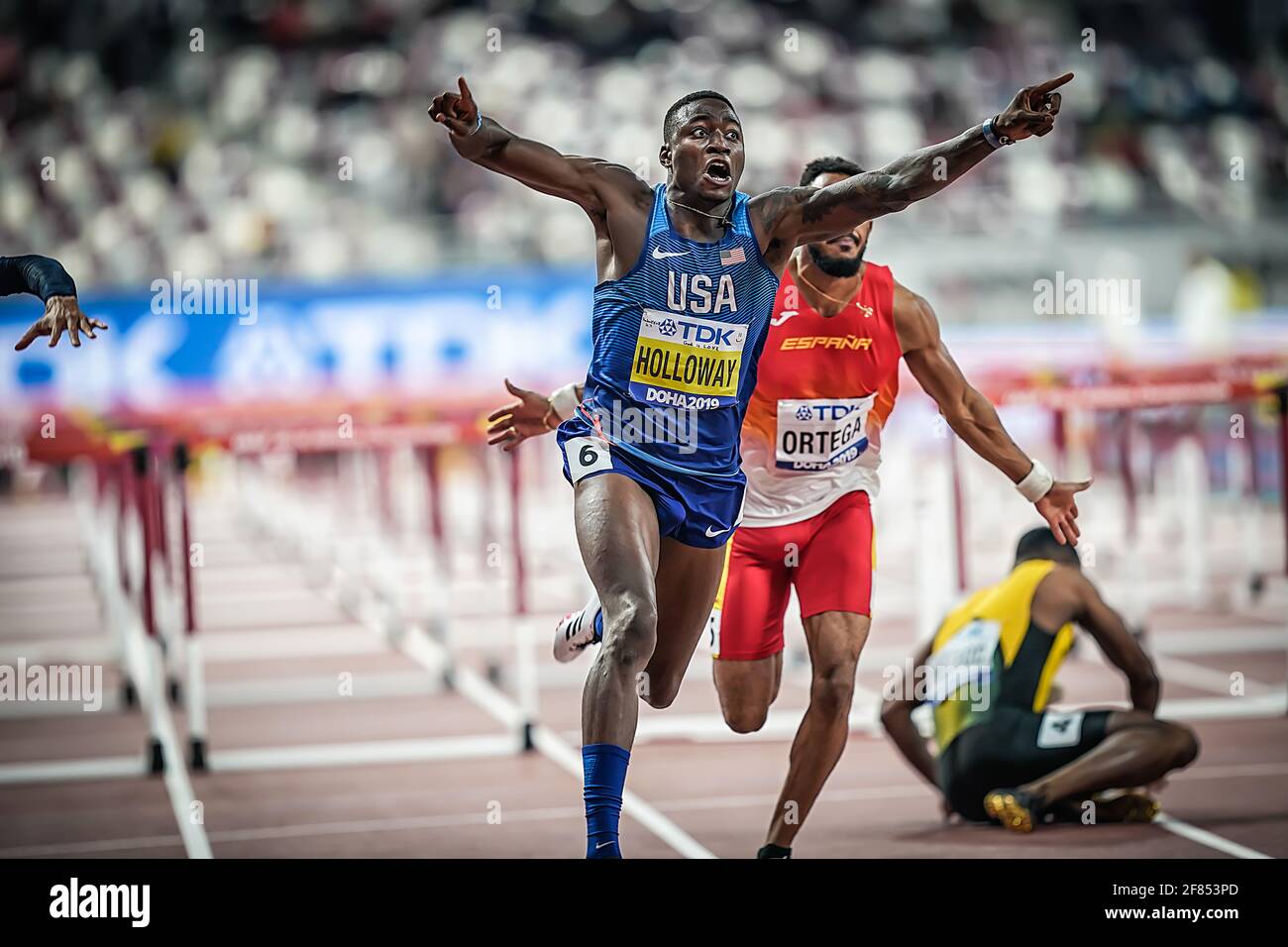 Doha 2019.Grant Holloway vince gli ostacoli da 110 metri ai Campionati mondiali di atletica di Doha del 2019. Foto Stock