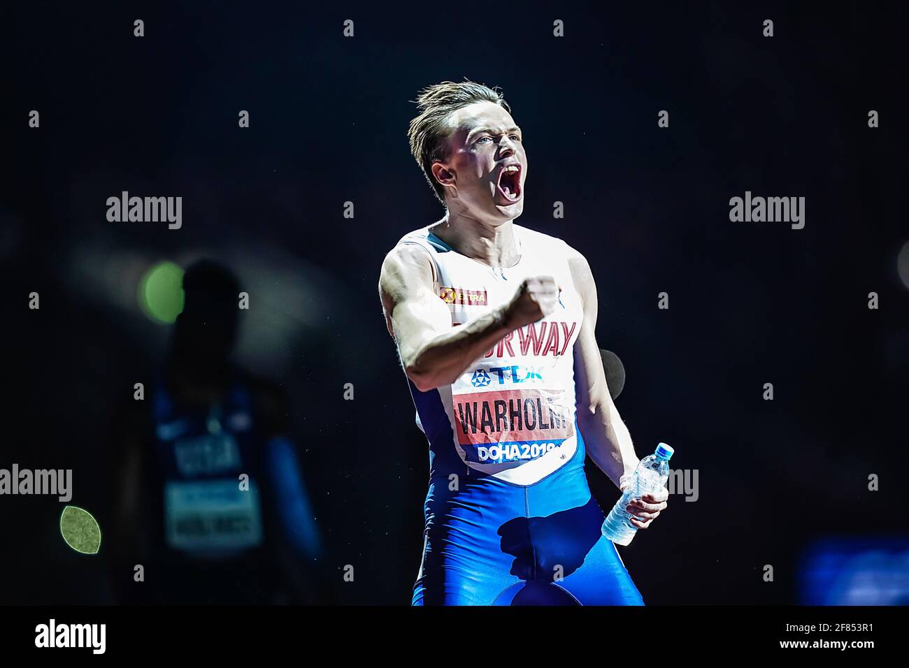 Doha 2019. Karsten Warholm al via dei 400 metri di ostacoli ai Campionati del mondo 2019. Foto Stock