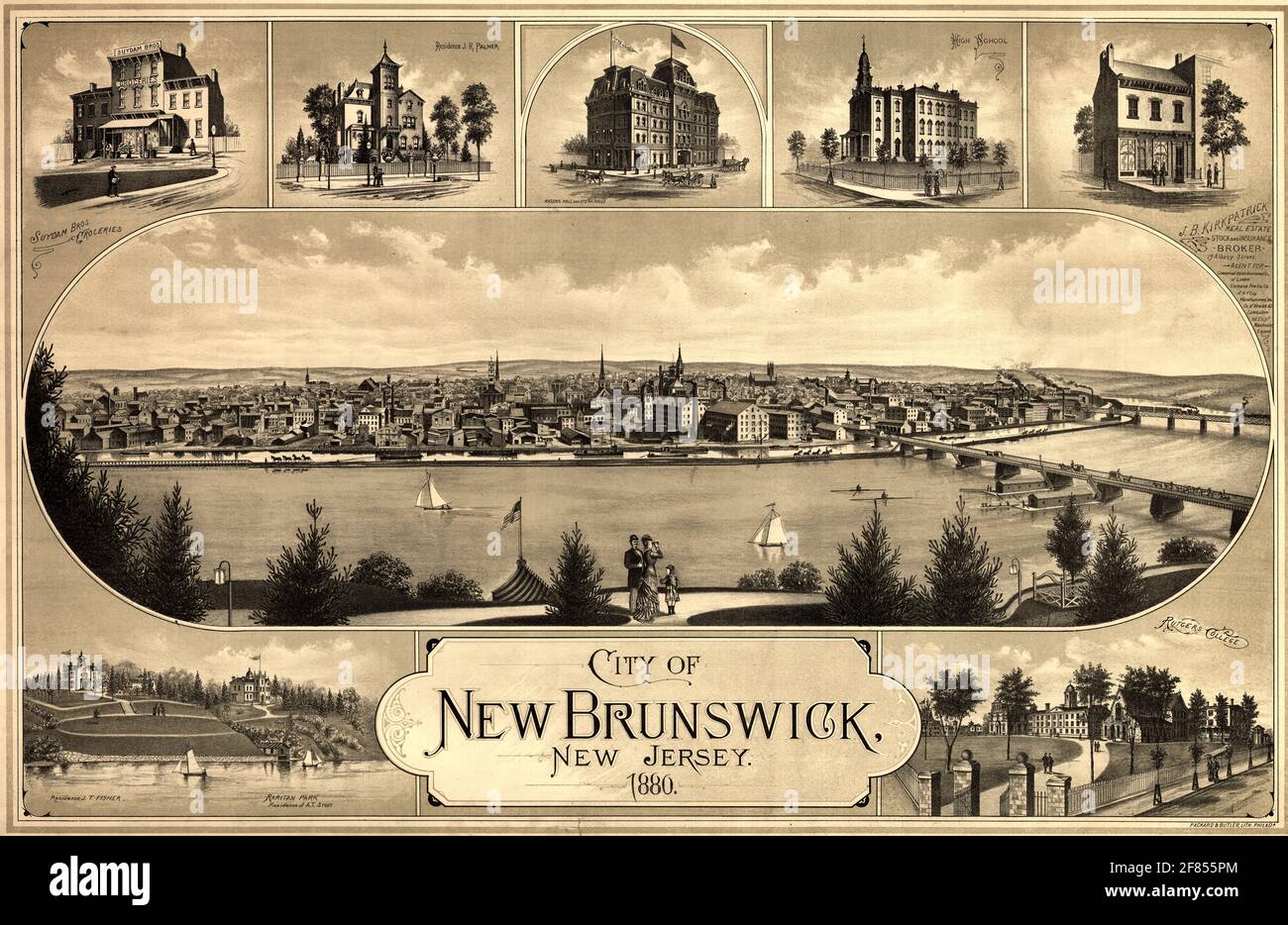Vista dall'alto del New Brunswick, New Jersey, che mostra il fiume Raritan in primo piano; vignette di edifici importanti, come il Rutgers College, formano i bordi superiore e inferiore 1880 Foto Stock