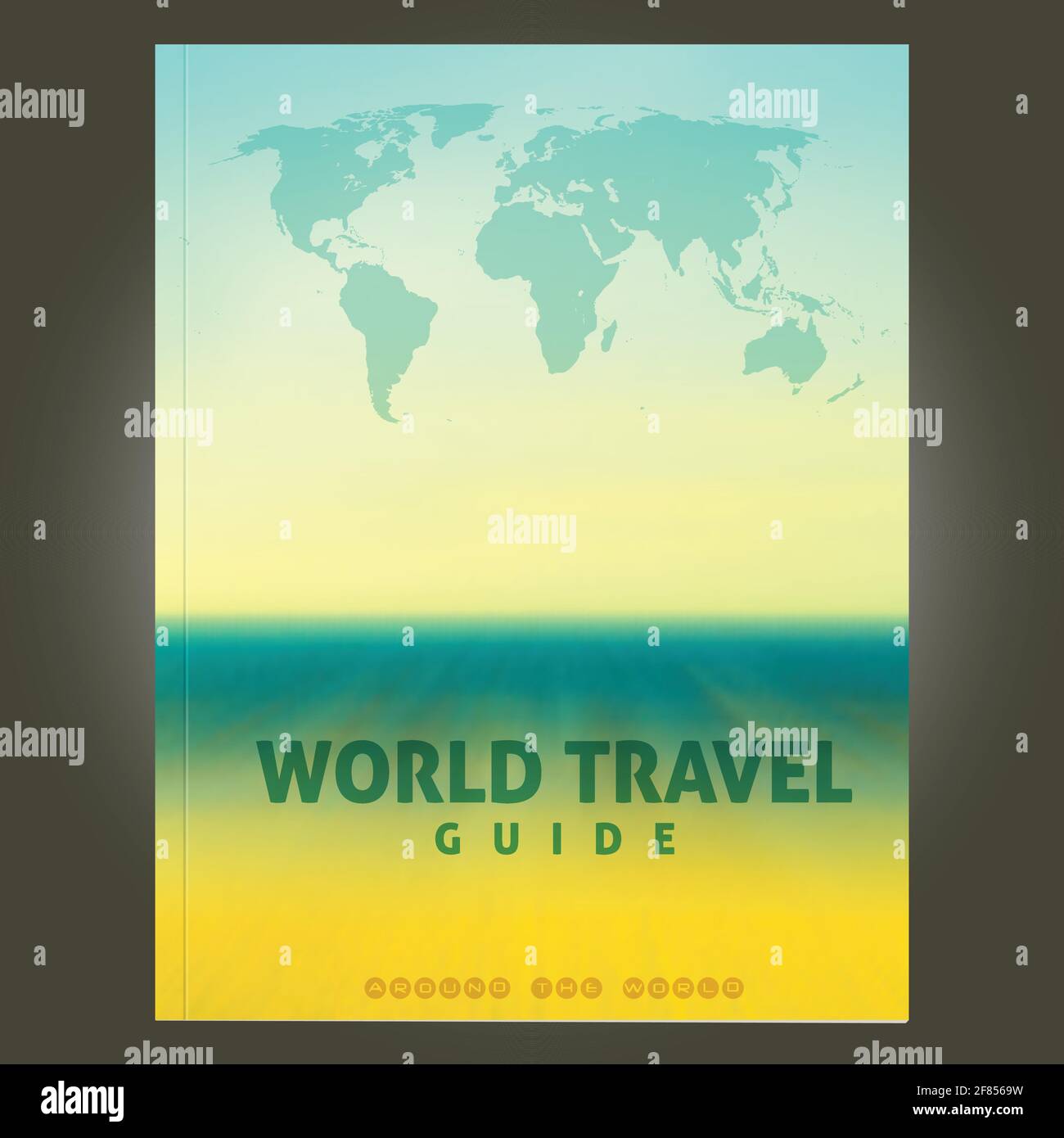 Copertina con mappa del mondo sfocata sullo sfondo di cielo, oceano e spiaggia per brochure di viaggio. Layout vettoriale Illustrazione Vettoriale