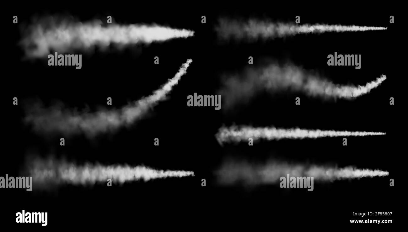 Percorsi realistici di condensazione in aereo. Lancio del razzo spaziale. Missile o bullet trail. Piste per aerei a reazione. Nuvole di fumo bianche, nebbia. Flusso di vapore. Vettore Illustrazione Vettoriale