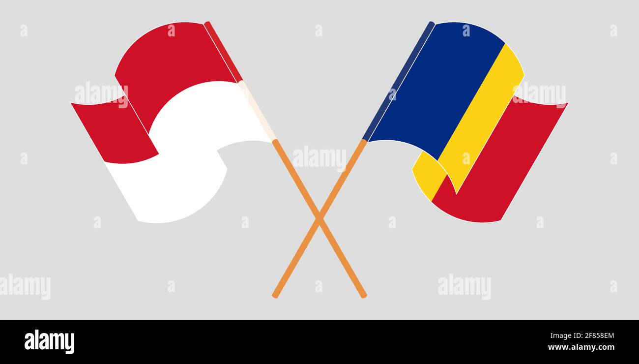 Bandiere incrociate e sventolanti di Indonesia e Romania. Illustrazione vettoriale Illustrazione Vettoriale