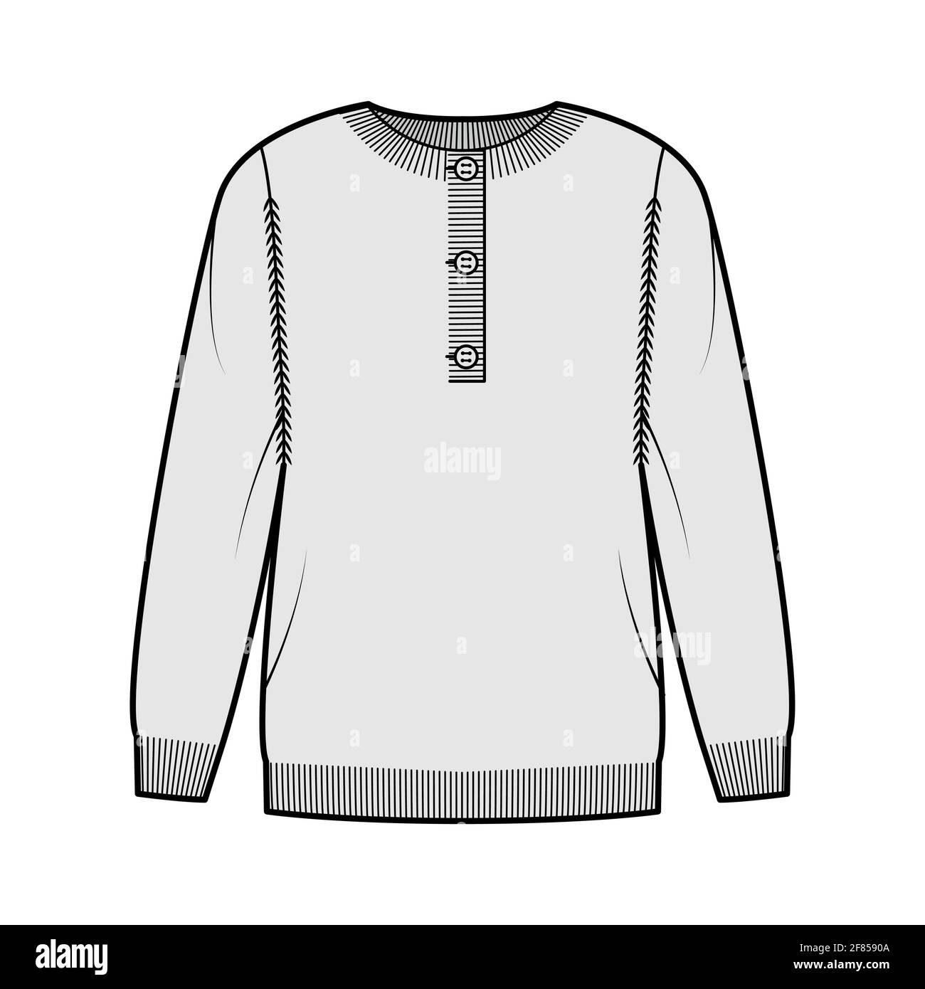 Maglione henley collo illustrazione tecnica moda con costoletta collo equipaggio, maniche lunghe, oversize, lunghezza punta, rivestimento a maglia polsino. Parte anteriore dell'abbigliamento piatto, colore grigio. Donne, uomini CAD mockup Illustrazione Vettoriale