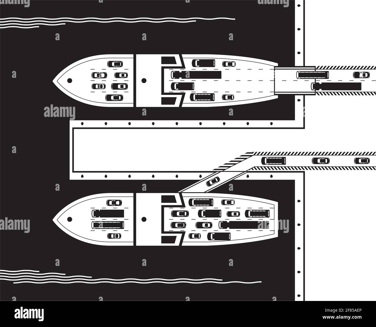 Traghetti che caricano le automobili nel porto - illustrazione vettoriale Illustrazione Vettoriale