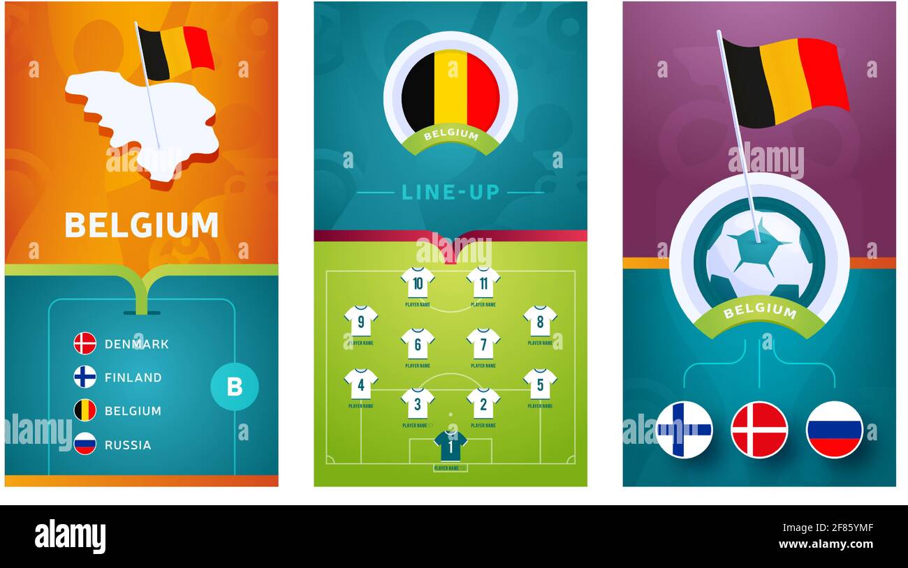 Set di banner verticali per il calcio europeo 2020 per i social media. Banner Belgio gruppo B con mappa isometrica, bandiera a spillo, calendario delle partite e line-up sul calcio Illustrazione Vettoriale
